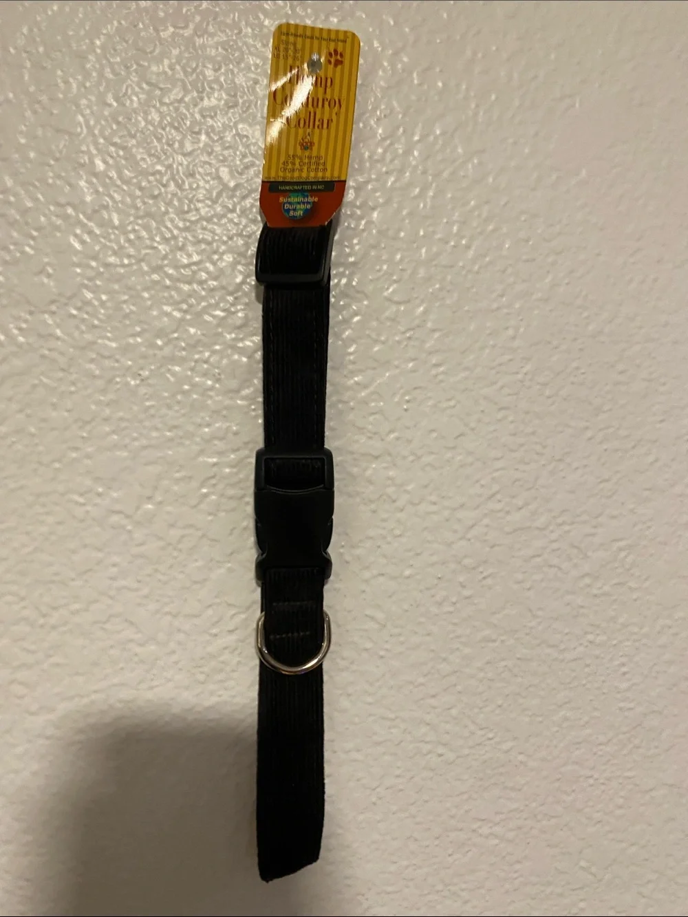 Adjustable Hemp Black Corduroy Dog Collar with D-Ring